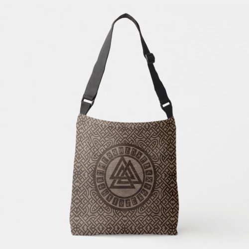 Valknut Symbol and Runes on Celtic Pattern on Wood Crossbody Bag