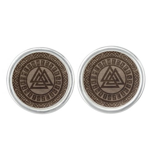 Valknut Symbol and Runes on Celtic Pattern on Wood Cufflinks