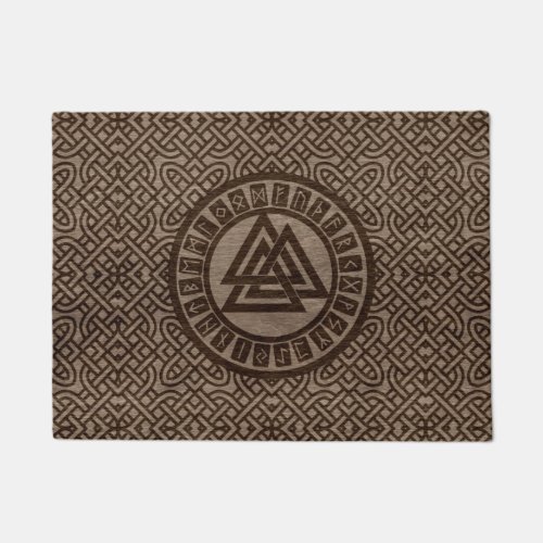 Valknut Symbol and Runes on Celtic Pattern on Wood Doormat