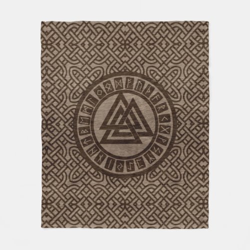 Valknut Symbol and Runes on Celtic Pattern on Wood Fleece Blanket