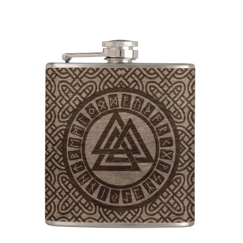 Valknut Symbol and Runes on Celtic Pattern on Wood Hip Flask