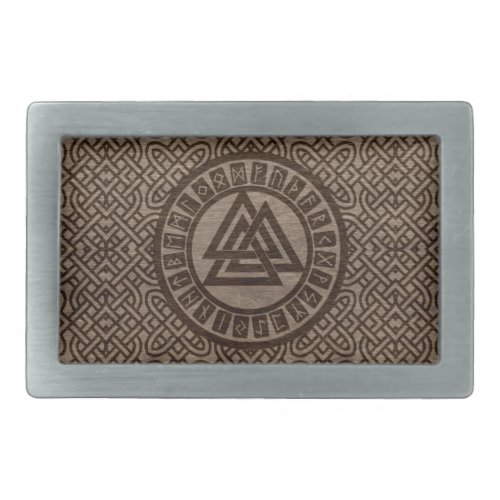 Valknut Symbol and Runes on Celtic Pattern on Wood Rectangular Belt Buckle