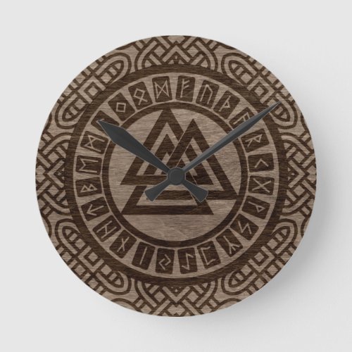 Valknut Symbol and Runes on Celtic Pattern on Wood Round Clock
