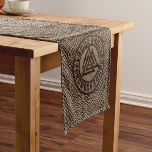 Valknut Symbol and Runes on Celtic Pattern on Wood Short Table Runner