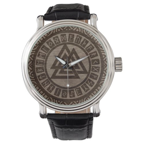 Valknut Symbol and Runes on Celtic Pattern on Wood Watch