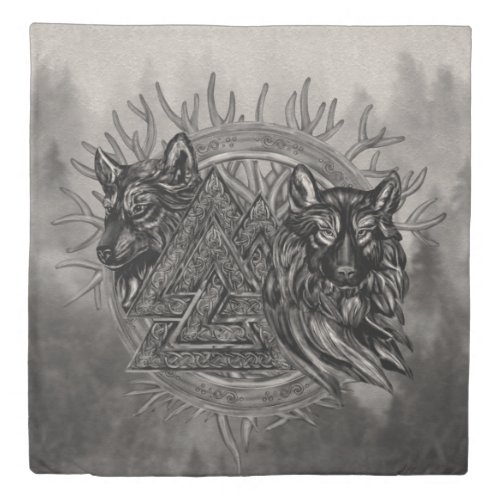 Valknut Symbol and Wolves Duvet Cover