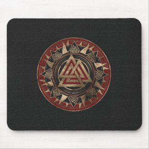 Valknut Symbol Black and Red Leather and gold Mouse Pad