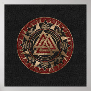 Valknut Symbol Black and Red Leather and gold Poster