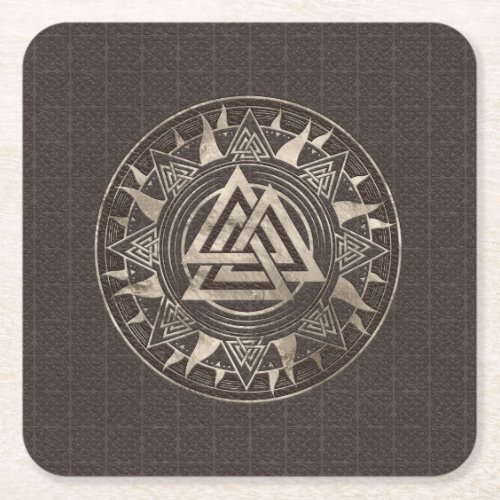 Valknut Symbol  _ Brown Leather and gold Square Paper Coaster