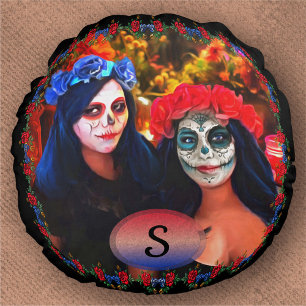 Vallarta Catrinas with Flowers & Candles 1718 Round Pillow