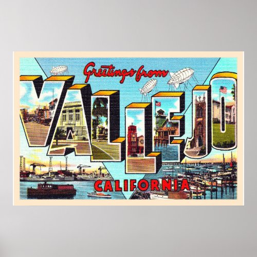 Vallejo California Vintage Large Letter Postcard Poster