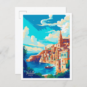 Valletta Malta Art Vintage Travel Illustration Postcard