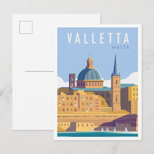 Valletta Malta Art Vintage Travel Illustration Postcard (Front/Back)