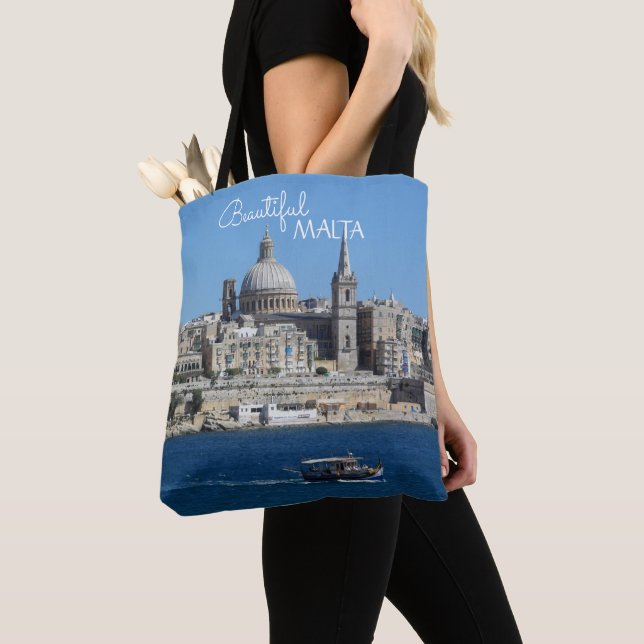 Valletta Malta Cityscape and Fishing Boat Souvenir Tote Bag (Close Up)