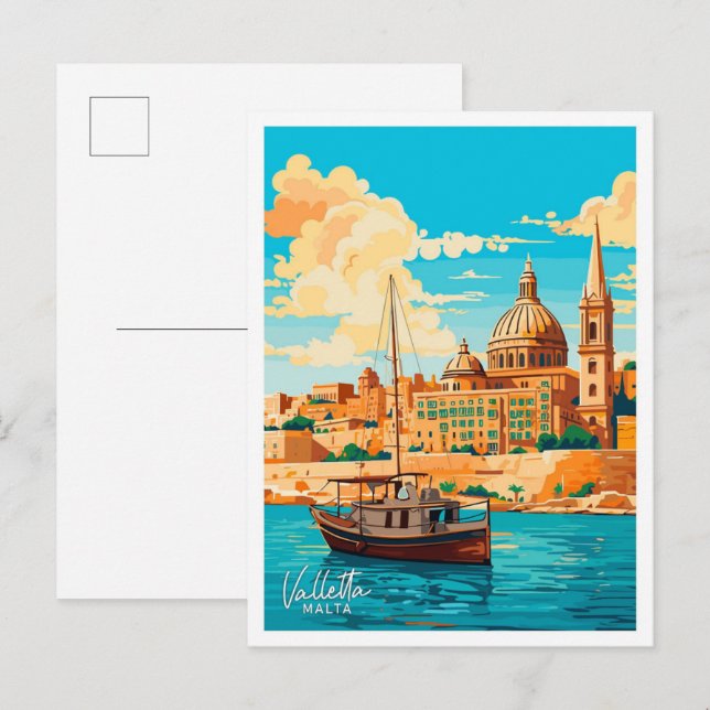 Valletta Malta Travel Vintage illustration Postcard (Front/Back)