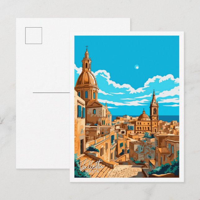 Valletta Malta Travel Vintage illustration Postcard (Front/Back)
