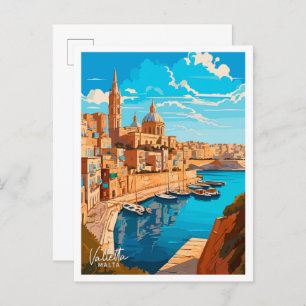 Valletta Malta Travel Vintage illustration Postcard