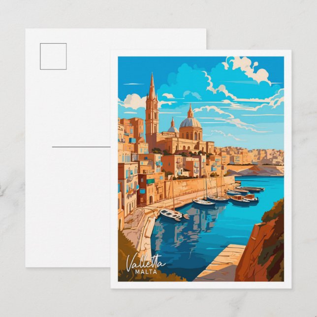 Valletta Malta Travel Vintage illustration Postcard (Front/Back)