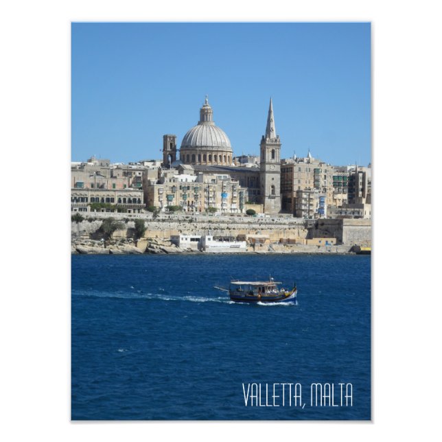 Valletta Skyline Luzzu Fishing Boat Malta Scene Photo Print (Front)