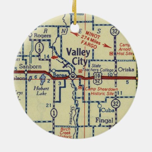 Valley City ND Vintage Map Ceramic Ornament