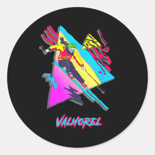 Valmorel colorful retro skiing adventure design classic round sticker