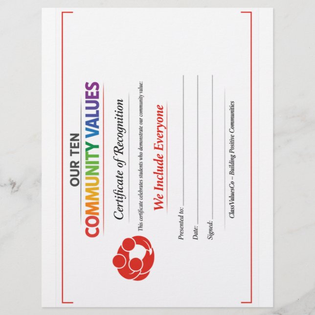 Value Inclusion Certificate  Letterhead (Front)