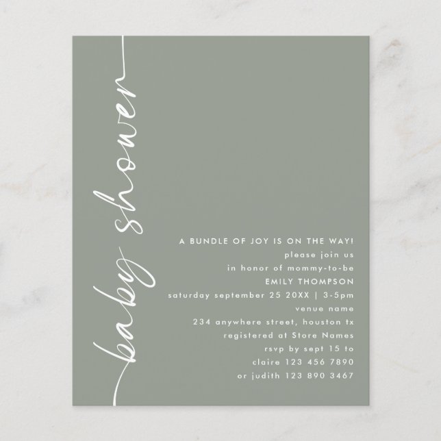 Value Rotated Script Sage Baby Shower Invitation  Flyer (Front)