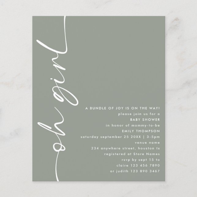 Value Script Oh Girl Sage Baby Shower Flyer (Front)