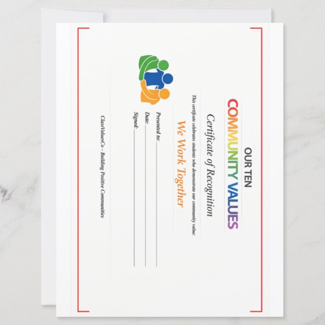 Value Together Certificate Letterhead Paper Sheet (Front)