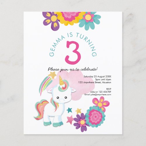Value Unicorn Girl 3rd Birthday Party Invitation Flyer