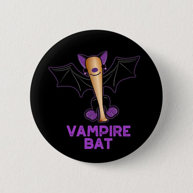 Vampire Bat Funny Baseball Pun Dark BG Button (Front)