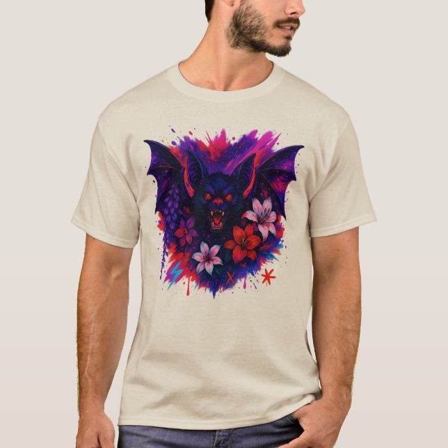 Vampire Bat Neon Halloween Art T-Shirt (Front)