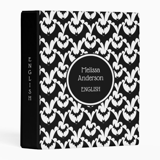 Vampire Bats Pattern Black & White Name Text Mini Binder (Front/Spine)