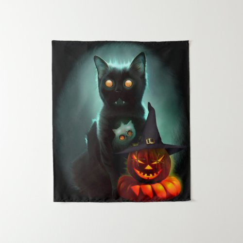 Vampire Cat and Wizard Pumpkin Halloween Surreal A Tapestry