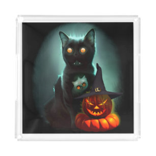 Vampire Cat and Wizard Pumpkin Halloween Surreal  Acrylic Tray
