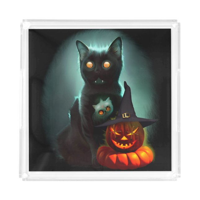 Vampire Cat and Wizard Pumpkin Halloween Surreal  Acrylic Tray (Front)