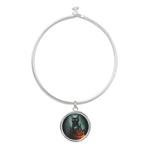 Vampire Cat and Wizard Pumpkin Halloween Surreal   Bangle Bracelet