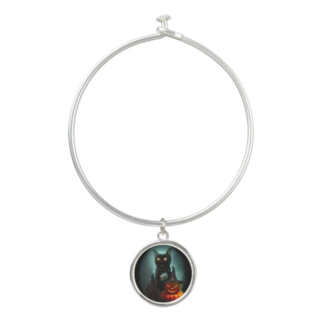 Vampire Cat and Wizard Pumpkin Halloween Surreal   Bangle Bracelet (Front)