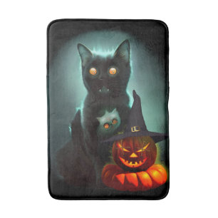 Vampire Cat and Wizard Pumpkin Halloween Surreal Bath Mat