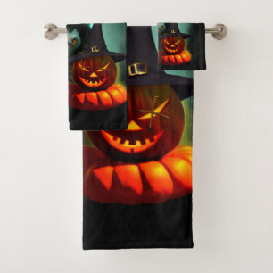Vampire Cat and Wizard Pumpkin Halloween Surreal Bath Towel Set