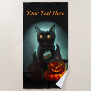 Vampire Cat and Wizard Pumpkin Halloween Surreal Beach Towel