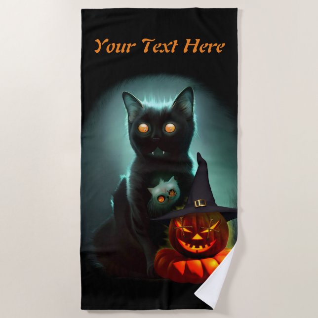Vampire Cat and Wizard Pumpkin Halloween Surreal  Beach Towel (Front)