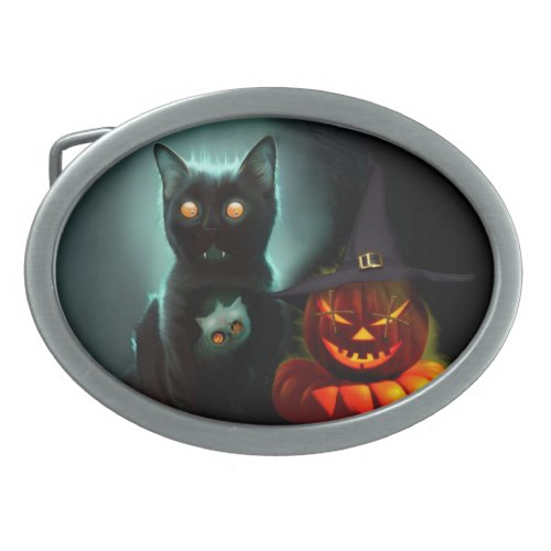 Vampire Cat and Wizard Pumpkin Halloween Surreal  Belt Buckle