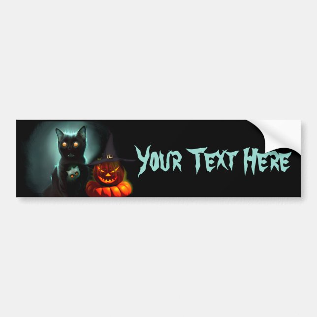 Vampire Cat and Wizard Pumpkin Halloween Surreal  Bumper Sticker (Front)