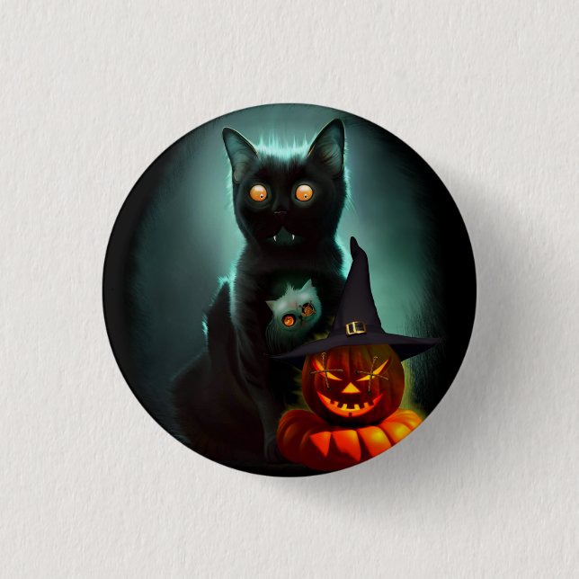 Vampire Cat and Wizard Pumpkin Halloween Surreal  Button (Front)