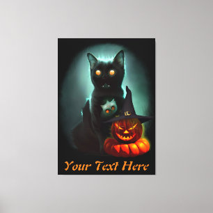 Vampire Cat and Wizard Pumpkin Halloween Surreal Canvas Print