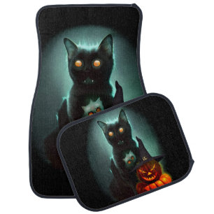 Vampire Cat and Wizard Pumpkin Halloween Surreal Car Floor Mat
