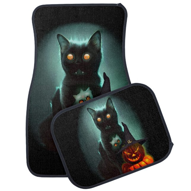 Vampire Cat and Wizard Pumpkin Halloween Surreal  Car Floor Mat (Set)