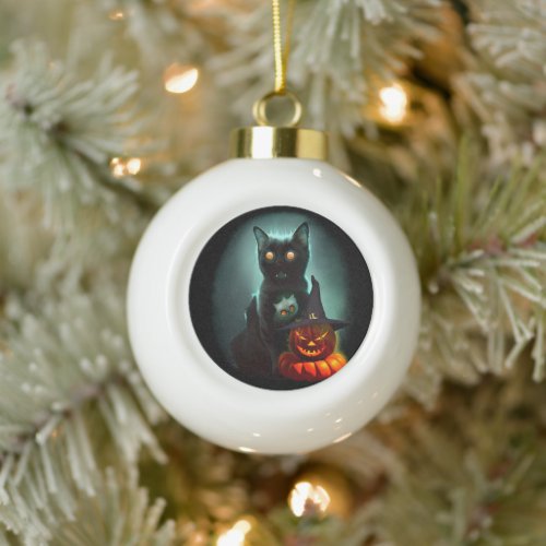 Vampire Cat and Wizard Pumpkin Halloween Surreal   Ceramic Ball Christmas Ornament