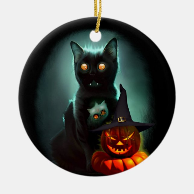 Vampire Cat and Wizard Pumpkin Halloween Surreal  Ceramic Ornament (Front)